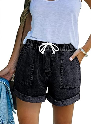 KINGFEN Kurze Shorts Damen Jeans Kurze Hose Kordelzug Frauen Kurze Hosen Damen Strandhose Damen Mode Bequeme Hose Damen Kurz Schwarz M von KINGFEN