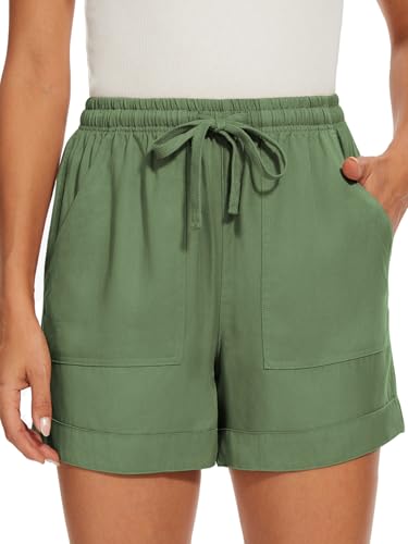 KINGFEN Leichte Hosen Damen Sommer Kurze Hosen Damen leinen Kurze Stoffhose Damen Kurze Damen Hosen leinenshorts Damen Grün L von KINGFEN