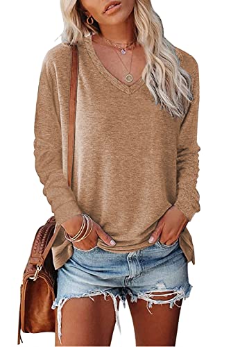 KINGFEN Langarmshirts Damen V Ausschnitt Basic Damen Pullover Herbst Winter Basic Shirt Damen Einfache Oberteile Beige M von KINGFEN