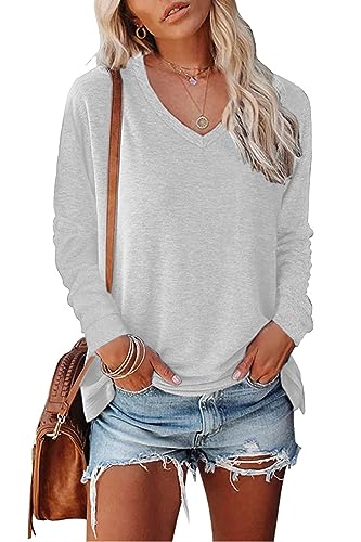 KINGFEN Langarmshirts Damen V Ausschnitt Basic Damen Pullover Herbst Winter Basic Shirt Damen Einfache Oberteile Weiß M von KINGFEN