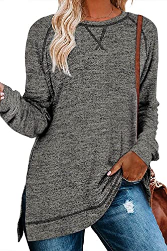 KINGFEN Langarmshirts für Damen Oversize Oberteile Bluse Shirts Damen Basic Herbst Winter Lang Einfache Tops in klassischer Passform Dunkelgrau S von KINGFEN