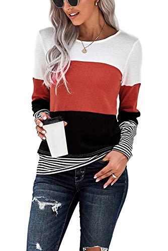 KINGFEN Tshirt Damen Langarm Langarmshirts für Damen Gestreift Bunt Sweatshirt Damenblusen Funktionsshirt Elegante Große Grössen Blusen Longpullover Rot S von KINGFEN