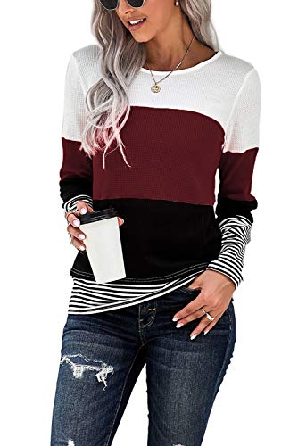 KINGFEN Oberteile Pullover Damen Lang Winter Tshirt Damen Langarm Locker Damenpullover Tunika Basic Lange Shirts Tops Long Moderne Blusenshirt Farbblock Weinrot L von KINGFEN