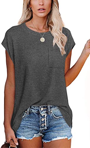 KINGFEN Damen Tshirt Sommer Bluse Elegant Kurzarm Oberteile Basic T-Shirt Locker Shirt Einfache Tops Casual Pullover mit Brusttasche Blusenshirt Tunika Lässig Longshirt Grau L von KINGFEN