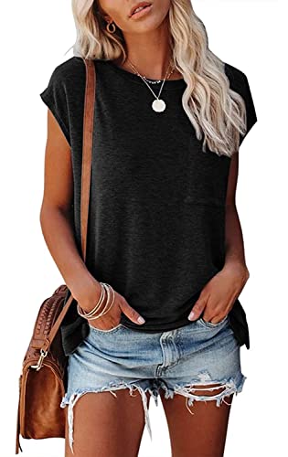 KINGFEN Damen Tshirt Sommer Bluse Elegant Kurzarm Oberteile Basic T-Shirt Locker Shirt Einfache Tops Casual Pullover mit Brusttasche Blusenshirt Tunika Lässig Longshirt Schwarze M von KINGFEN