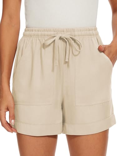 KINGFEN Kurze Hosen Damen leinen damenshorts für Frauen Sommer leinenshorts Damen Strandhose Damen kurz Kurze Stoffhose Damen Sommer Beige L von KINGFEN