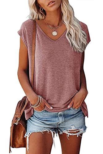 KINGFEN Damen T-Shirt V Ausschnitt Basic T-Shirts für Damen Casual Pullover Kurzarm Oberteile Sommer Tops Rosa S von KINGFEN