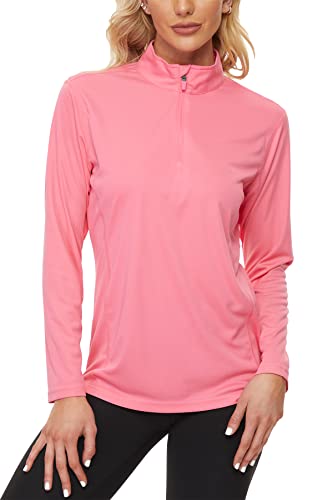 KINGFEN UPF 50+ UV Schutz Shirt Damen Langarm Funktionsshirt Laufshirt mit Stehkragen Halbem Reißverschluss für Outdoor Sport Surfen Running Wandern Rosa Red L von KINGFEN