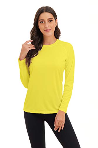 KINGFEN UV Shirt Damen Langarm UPF 50+ Rundhals Dünne UV Schutz Shirt Sonnenschutz Helle Farben Einfarbig T-Shirt für Outdoor-Aktivitäten Trainieren Surfen Running Strand Helles Gelb M von KINGFEN