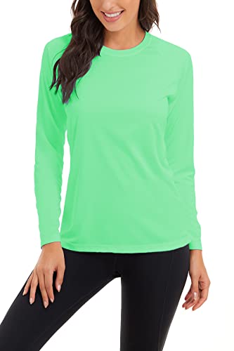 KINGFEN UV Shirt Damen Langarm UPF 50+ Rundhals Dünne UV Schutz Sportshirt Sonnenschutz Helle Farben Einfarbig T-Shirt für Outdoor-Aktivitäten Trainieren Surfen Running Strand Helles Grün M von KINGFEN