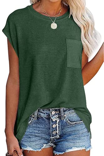 KINGFEN Damen Tshirt Sommer Bluse Elegant Kurzarm Oberteile Basic T-Shirt Locker Shirt Einfache Tops Casual Pullover mit Brusttasche Blusenshirt Tunika Lässig Longshirt Grün XL von KINGFEN