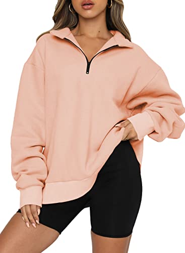 KINGFEN Winterpullover Damen Freizeit Mit 1/4 Reißverschlus Langarmshirt Damen Longpullover Warm Longshirt Damen Langarm Pullover Damen Winter Warm Halten Rosa XXL von KINGFEN