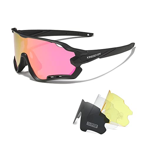 KINGSEVEN Polarisierte Fahrradbrille für Herren Damen Fahrrad MTB Rennrad Sonnenbrille mit 4 Wechselgläsern LS-911 (Schwarz/Rosa) von KINGSEVEN