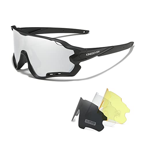 KINGSEVEN Polarisierte Fahrradbrille für Herren Damen Fahrrad MTB Rennrad Sonnenbrille mit 4 Wechselgläsern LS-911 (Schwarzes/Silber) von KINGSEVEN