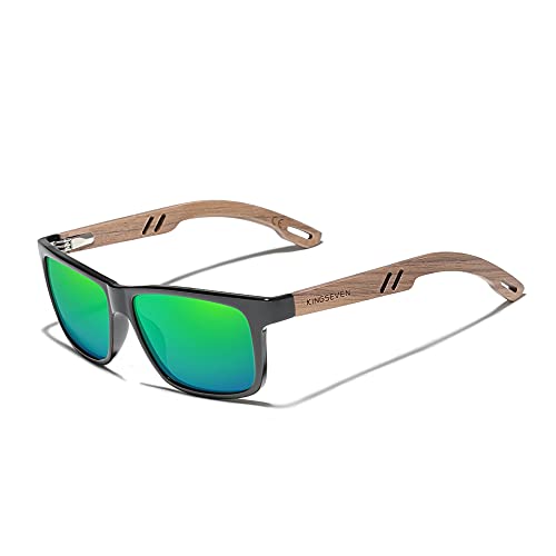 KINGSEVEN Design Holz Polarisierte Rechteckige Sonnenbrille für Herren, Walnuss-Holzrahmen Verspiegelte Brille zum Fahren W5508 (Grün) von KINGSEVEN