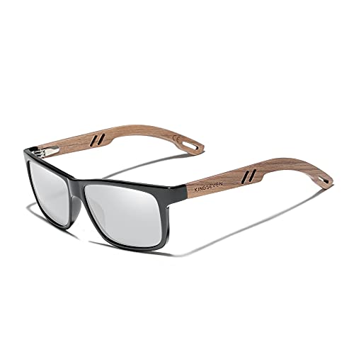 KINGSEVEN Design Holz Polarisierte Rechteckige Sonnenbrille für Herren, Walnuss-Holzrahmen Verspiegelte Brille zum Fahren W5508 (Silber) von KINGSEVEN