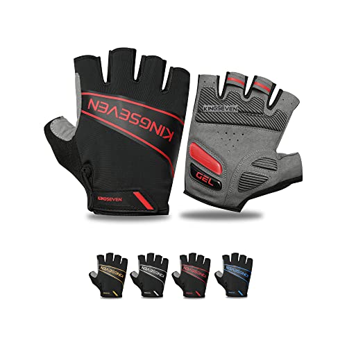 KINGSEVEN Fahrradhandschuhe Atmungsaktives Lycra-Gewebe Stoßdämpfende MTB-Halbfingerhandschuhe für Männer und Frauen (Red, L) von KINGSEVEN