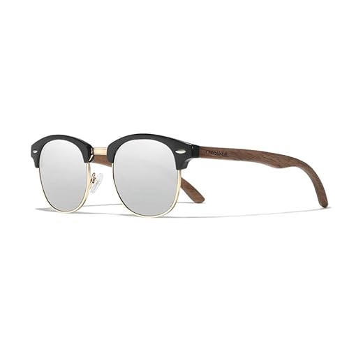 KINGSEVEN Handgefertigte 2023 Sonnenbrille aus schwarzem Walnussholz Männer polarisierte UV400-Schutz halbrandlose Retro-Brillen Frauen Oculos (Silber) von KINGSEVEN