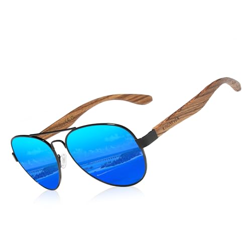 KINGSEVEN Handgefertigte Holzsonnenbrille Polarisierte Herrenbrille UV400 Schutzspiegel Brillen Holzbügel Z5518 (Blau) von KINGSEVEN