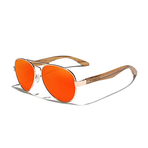 KINGSEVEN Handgefertigte Holzsonnenbrille Polarisierte Herrenbrille UV400 Schutzspiegel Brillen Holzbügel Z5518 (Orange) von KINGSEVEN