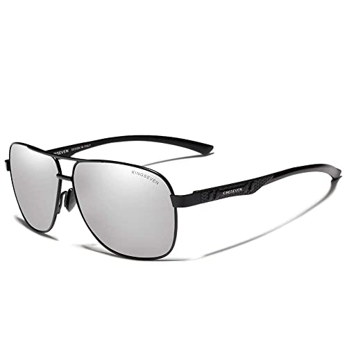 KINGSEVEN Herren Sonnenbrille Pilot Square Vintage Design Polarisierter UV400 Schutz Al-Mg Ultra-Light 7188 (Schwarz/Silber) von KINGSEVEN