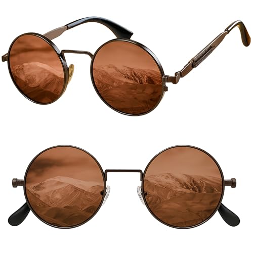 KINGSEVEN Hochwertige Runde Polarisierte Sonnenbrille für Herren und Damen im Retro Stil I Vintage Hippie Steampunk Brille mit Metallrahmen I Brille mit modischen Vintage-Look I Braun von KINGSEVEN