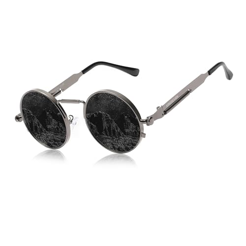 KINGSEVEN Hohe Qualität Gothic Steampunk Sonnenbrille Polarisierte Männer Frauen Marke Designer Vintage Runde Metallrahmen Sonnenbrille (Pistole Grau) von KINGSEVEN