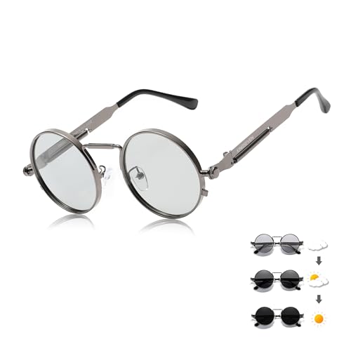 KINGSEVEN Hohe Qualität Gothic Steampunk Sonnenbrille Polarisierte Männer Frauen Marke Designer Vintage Runde Metallrahmen Sonnenbrille (Pistole Photochromie) von KINGSEVEN