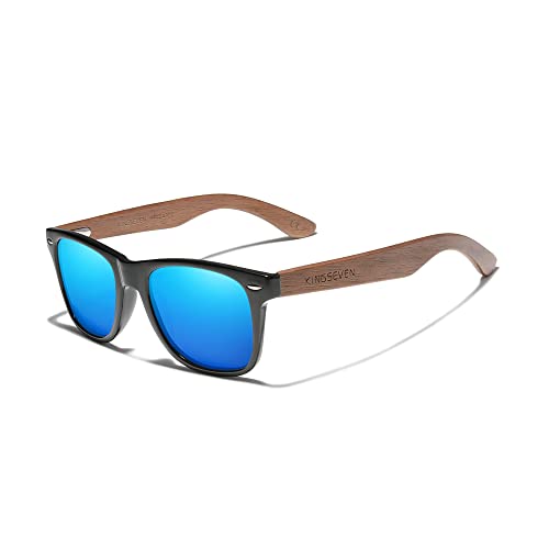 KINGSEVEN Holz Sonnenbrille Polarisiert für Herren Damen Retro Vintage Verspiegelte Gläser Walnuss Holz Rahmen W5777 (Blau) von KINGSEVEN