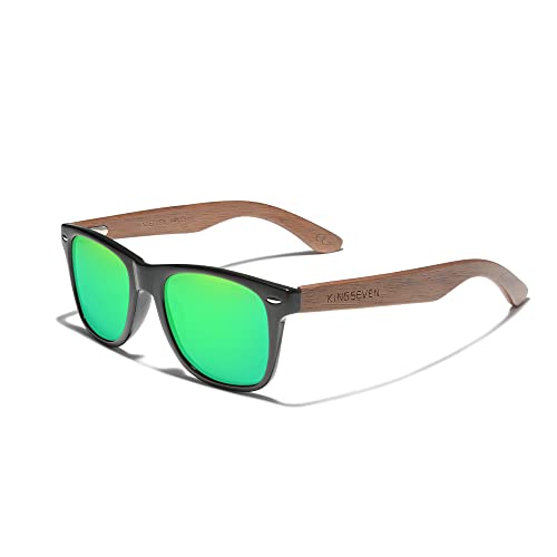 KINGSEVEN Holz Sonnenbrille Polarisiert für Herren Damen Retro Vintage Verspiegelte Gläser Walnuss Holz Rahmen W5777 (Grün) von KINGSEVEN