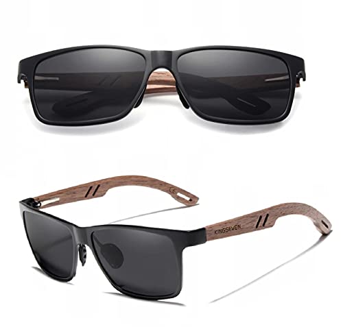 KINGSEVEN Holz Sonnenbrille für Herren und Damen I Unisex Handgefertigte Polarisierte Brille mit Holzbügeln aus Walnuss I UV400-Schutz I Modische Spiegelgläser I Schwarz von KINGSEVEN