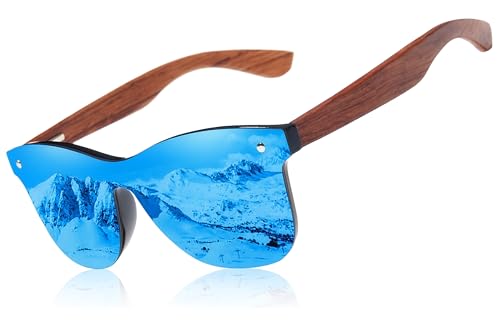 KINGSEVEN Holz Sonnenbrille für Herren und Damen I Unisex Polarisierte Sonnenbrille mit Holzbügeln aus Walnuss I UV400-Schutz I Modische Rahmenlose Spiegelgläser I 5504 Blau von KINGSEVEN