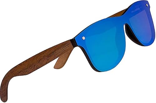 KINGSEVEN Holz Sonnenbrille für Herren und Damen I Unisex Polarisierte Sonnenbrille mit Holzbügeln aus Walnuss I UV400-Schutz I Modische Rahmenlose Spiegelgläser I Blau von KINGSEVEN