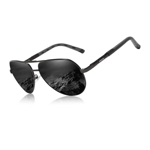 KINGSEVEN Klassische Militär Pilotenbrille Polarisierte Sonnenbrille für Herren Damen, Vintage Retro Style UV Blocking K725 (Graues Glas/Schwarzer Rahmen) von KINGSEVEN