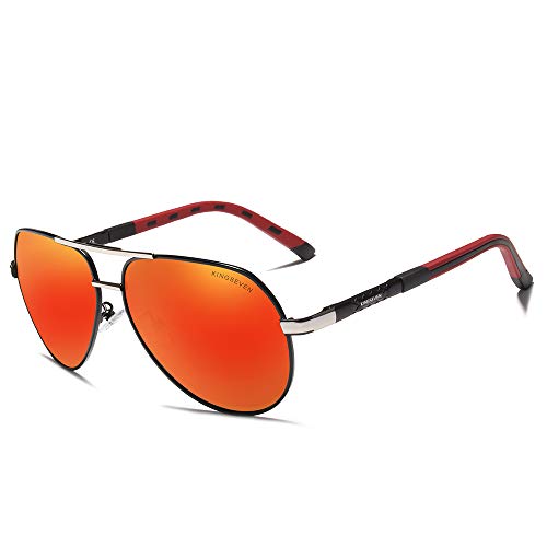 KINGSEVEN Klassische Militär Pilotenbrille Polarisierte Sonnenbrille für Herren Damen, Vintage Retro Style UV Blocking K725 (Rotes Glas/Silber Rahmen) von KINGSEVEN
