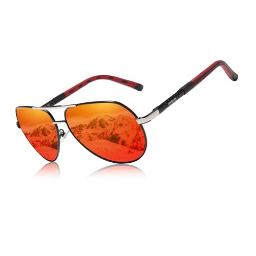 KINGSEVEN Männer Vintage Aluminium polarisierte Sonnenbrille klassische Marke Sonnenbrille Beschichtung Linse treibende Brille für Männer/Frauen (Silber Rot) von KINGSEVEN