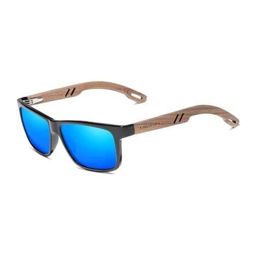 KINGSEVEN Marke Design TR90 + Walnuss Holz Handgemachte Sonnenbrille Männer Polarisierte Brillen Zubehör Sonnenbrille Verstärktes Scharnier (Schwarz Blau) von KINGSEVEN