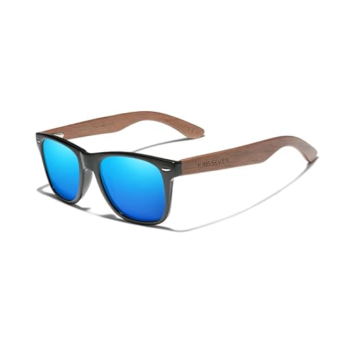 KINGSEVEN Neue schwarze Walnuss-Sonnenbrille, Holz, polarisierte Sonnenbrille, Herrenbrille, handgefertigt, UV400-Schutz, Brillen, Retro-Lederbox (Blau) von KINGSEVEN