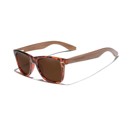 KINGSEVEN Neue schwarze Walnuss-Sonnenbrille, Holz, polarisierte Sonnenbrille, Herrenbrille, handgefertigt, UV400-Schutz, Brillen, Retro-Lederbox (Leopard Braun) von KINGSEVEN