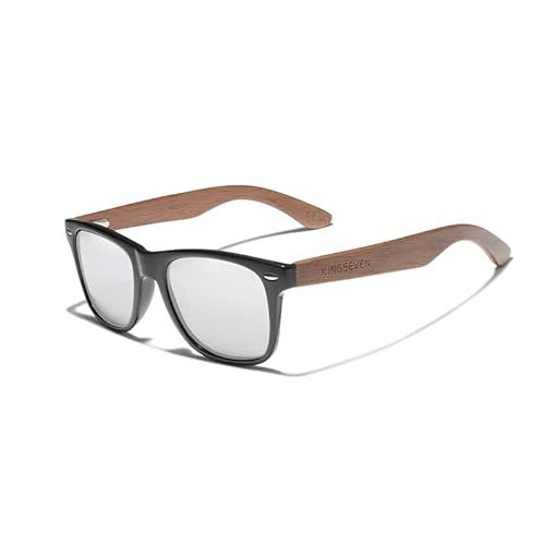 KINGSEVEN Neue schwarze Walnuss-Sonnenbrille, Holz, polarisierte Sonnenbrille, Herrenbrille, handgefertigt, UV400-Schutz, Brillen, Retro-Lederbox (Silber) von KINGSEVEN