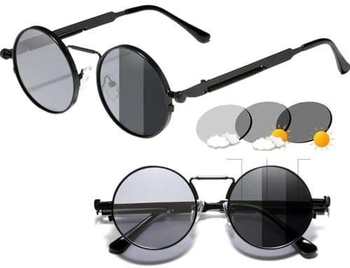 KINGSEVEN Photochrome Runde Polarisierte Sonnenbrille für Herren und Damen im Retro Stil I John Lennon Steampunk Photochromatisch Brille mit Metallrahmen I Brille mit modischen Vintage-Look I Schwarz von KINGSEVEN