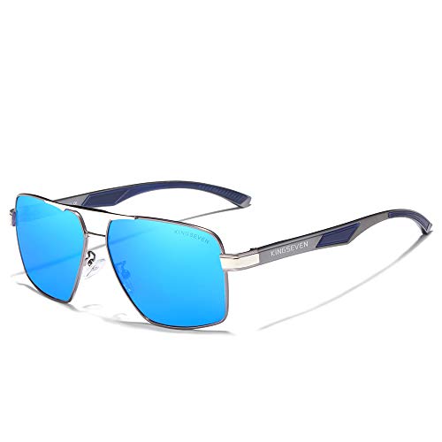 KINGSEVEN Pilot Polarisierte Quadratische Sonnenbrille für Herren, Klassischer UV400-Schutz Verspiegelte Gläser Modischer Vintage-Retro-Stil 7719 (Grau Blau) von KINGSEVEN