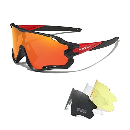 KINGSEVEN Polarisierte Fahrradbrille für Herren Damen Fahrrad MTB Rennrad Sonnenbrille mit 4 Wechselgläsern LS-911 (Rot/Orange) von KINGSEVEN