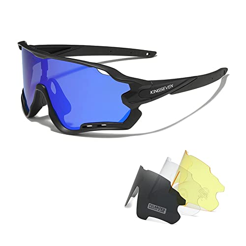 KINGSEVEN Polarisierte Fahrradbrille für Herren Damen Fahrrad MTB Rennrad Sonnenbrille mit 4 Wechselgläsern LS-911 (Schwarz/Blau) von KINGSEVEN