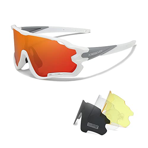 KINGSEVEN Polarisierte Fahrradbrille für Herren Damen Fahrrad MTB Rennrad Sonnenbrille mit 4 Wechselgläsern LS-911 (Weiß/Orange) von KINGSEVEN