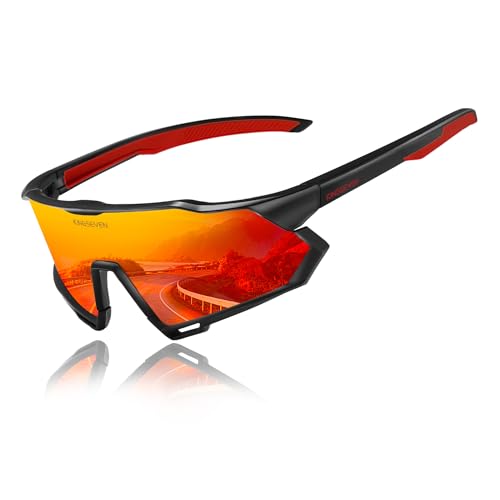 KINGSEVEN Radsportbrillen Polarisierte Sonnenbrille Herren MTB Fahrradbrille Radbrille Sportbrille mit UV400-Schutz zum Autofahren Radfahren (Black Frame Red Temple-Red Lens) von KINGSEVEN