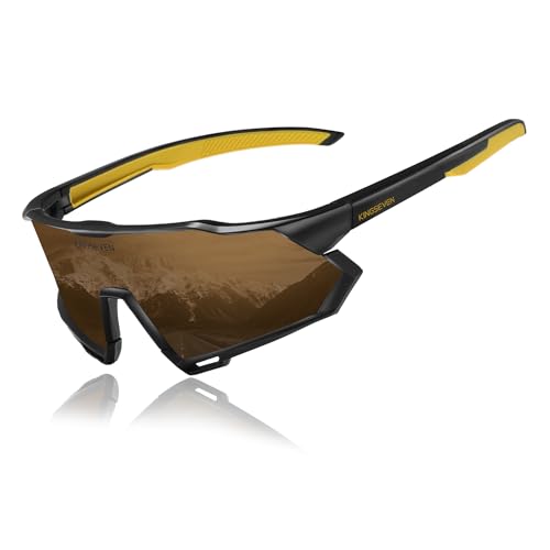 KINGSEVEN Radsportbrillen Polarisierte Sonnenbrille Herren MTB Fahrradbrille Radbrille Sportbrille mit UV400-Schutz zum Autofahren Radfahren (Black Frame Yellow Temple-Gold Lens) von KINGSEVEN