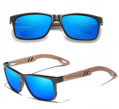 KINGSEVEN Holz Sonnenbrille für Herren und Damen I Unisex Handgefertigte Polarisierte Brille mit Holzbügeln aus Walnuss I UV400-Schutz I Modische Spiegelgläser I Blau von KINGSEVEN