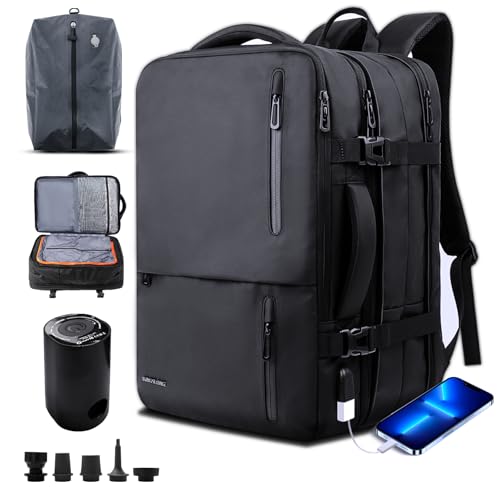 Handgepäck Rucksack Vakuum Laptop Backpack: 46L 19 Zoll Herren Handgepäck Flugzeug Erweiterbar Wasserabweisend Business Daypack mit USB Ladeanschluss und 20L Vakuum Cabin Tasche und Pumpe Schwarz von KINGSLONG