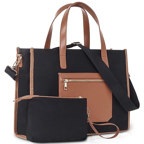 KINGSLONG Laptop Handtasche Damen Canvas Laptoptasche 15,6 Zoll Schultertaschen Shopper Damen Groß Tote Bag Damen Aktentasche Notebooktasche Arbeitstasche für Büro Schule Reisen-Schwarz von KINGSLONG